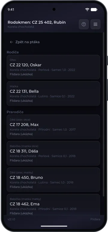 Rodokmen korely Rubín v telefonu s Androidem, tmavý režim
